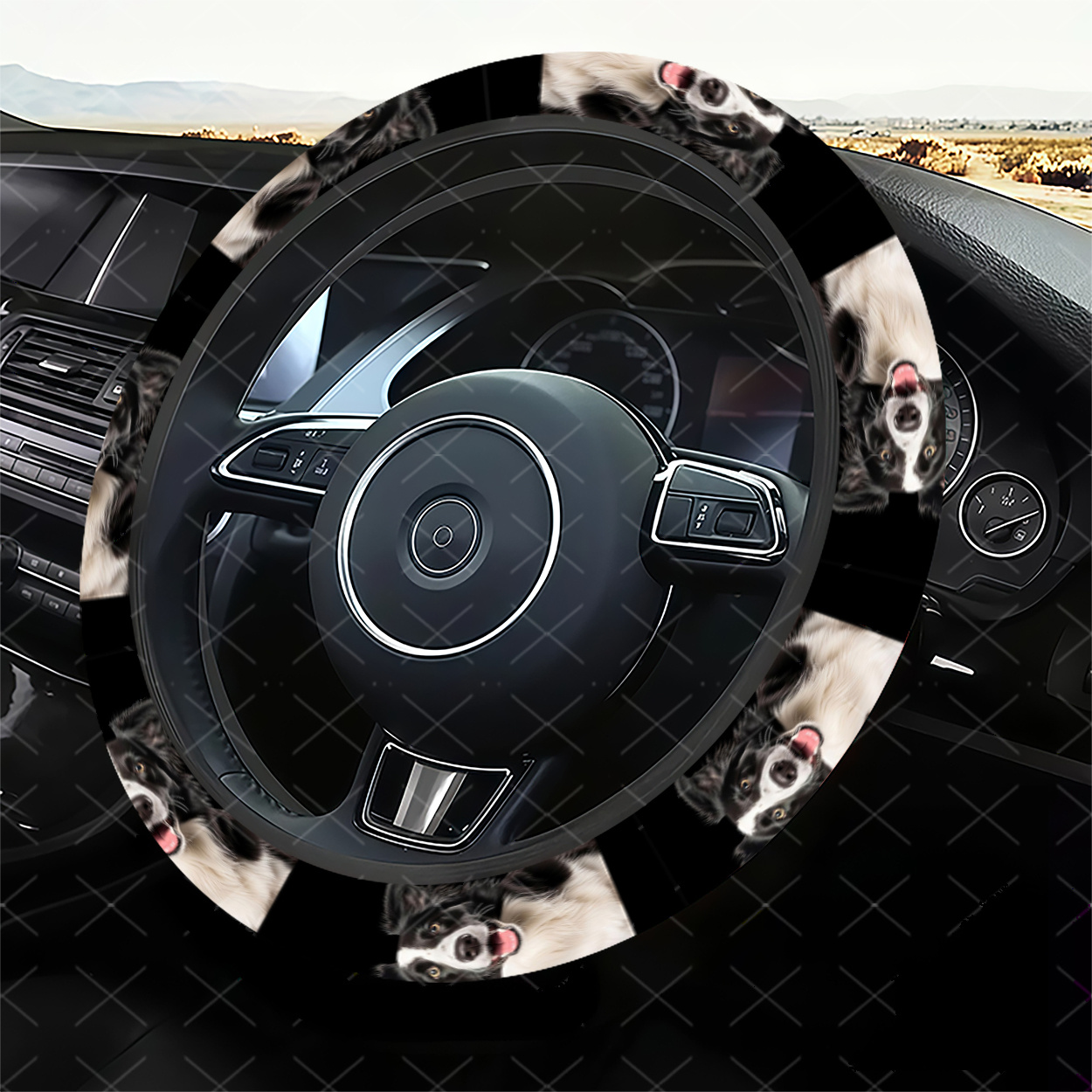 TEMU 1pc Realistic Cute Happy Smiling Black And White Border Collie Print Steering Wheel Cover, Easy-to-install Car Steering Wheel Cover, Perfectly