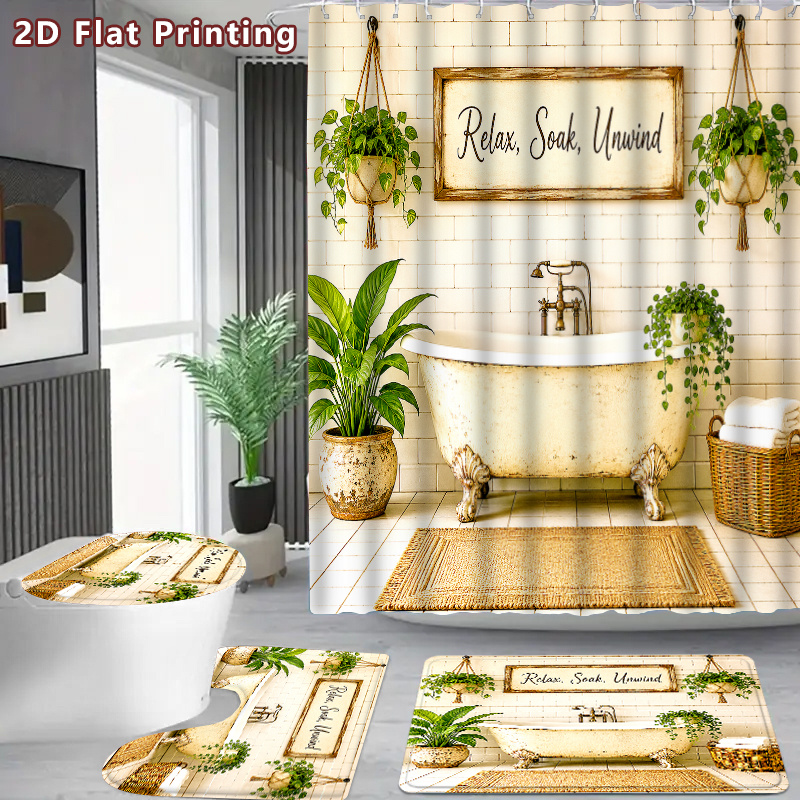 4pcs Farmhouse Green Plants Shower Curtain Set