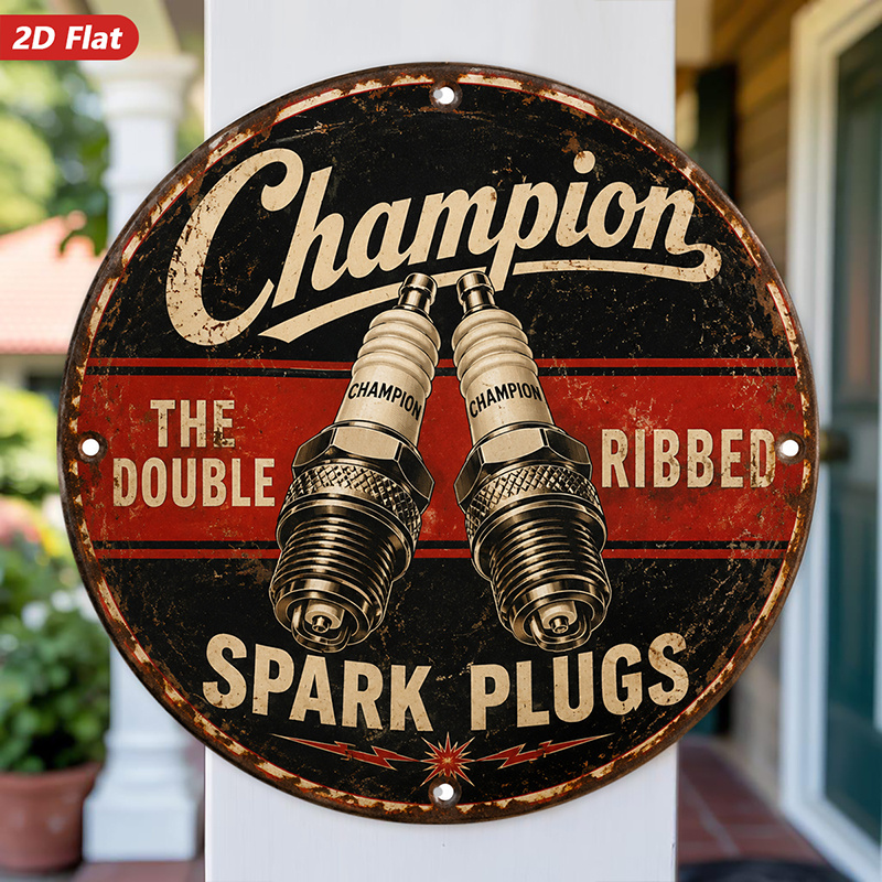 TEMU 2d Flat, 1pc Round Metal Sign Wall Art, Vintage Style, Metal Made, Automotive Themed Home Decor, Featuring " " And " Ribbed Spark Plugs", For