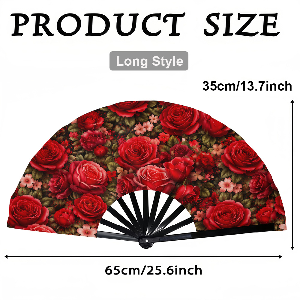 TEMU A Ladies' Folding Fan With A Romantic Red Rose Floral Pattern, A Stylish Folding Fan, A Summer Folding Fan, A Holiday Gift, A Birthday Gift