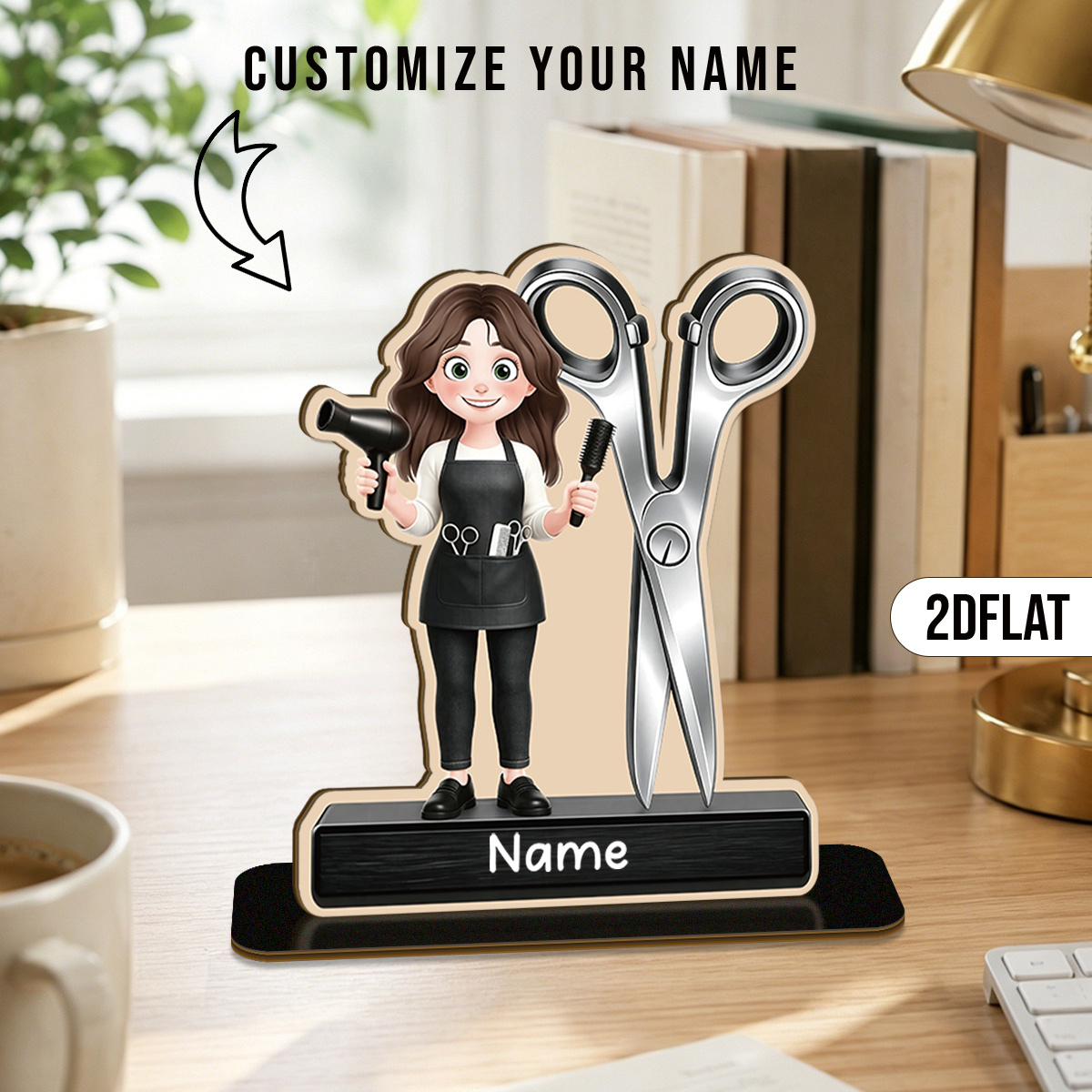 TEMU 2d Flat 1pc Customizable Female Hairstylist Wooden Standee, Personalized Barber Figurine With Enormous Scissors, Hairdryer & Comb, Custom Name