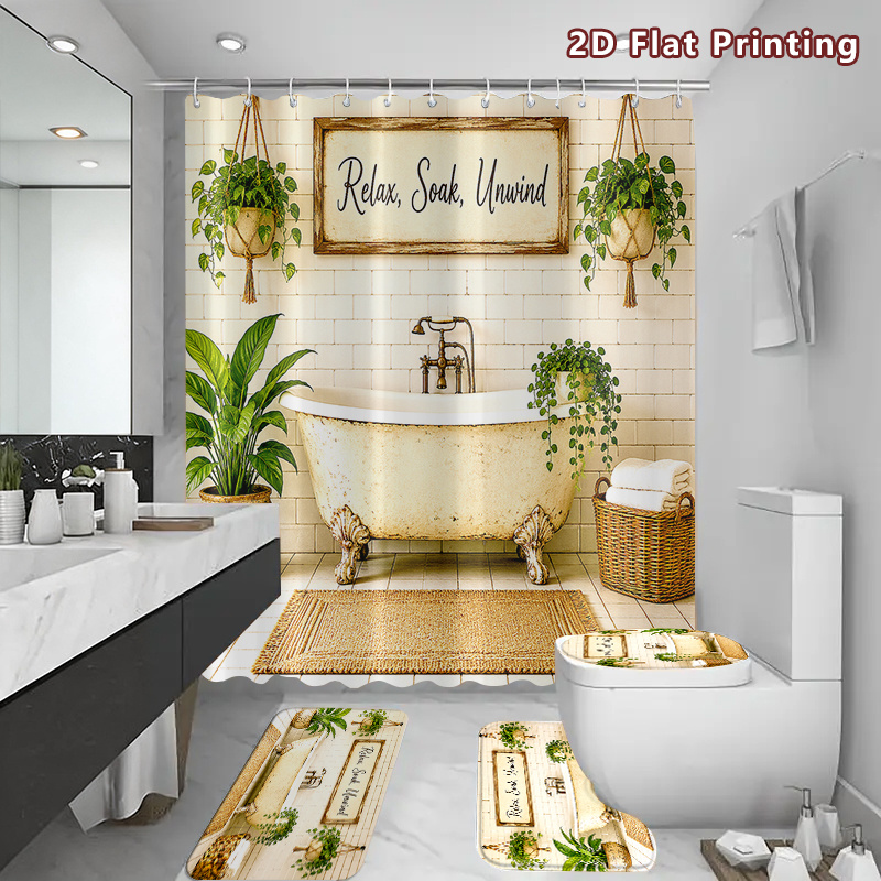 4pcs Farmhouse Green Plants Shower Curtain Set