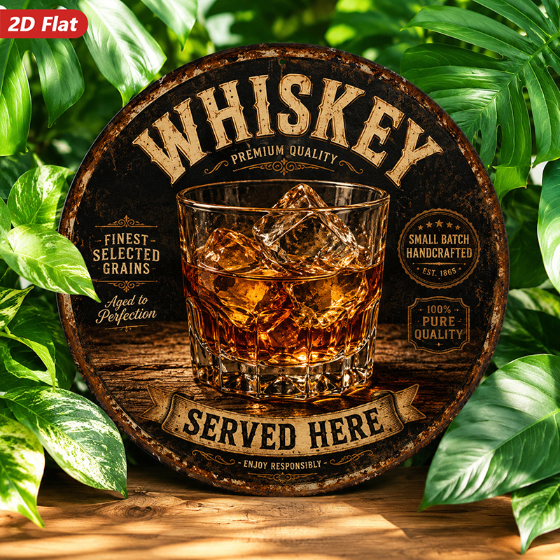 TEMU 2d Flat, 1pc Round Metal Sign Wall Art, Whiskey Themed Home Decor, Glass And Ice Art, Rustic Style, Bar, For Man - Cave, Living Room,