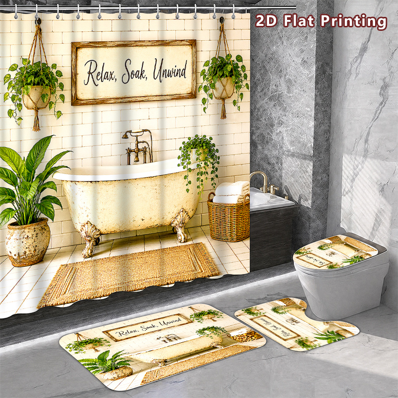 4pcs Farmhouse Green Plants Shower Curtain Set