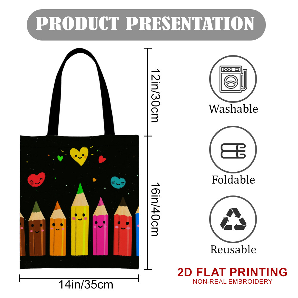 TEMU 2d Printing, 1pc Colorful Smiling Pencils Pattern Handbag, Great For Daily Commute And Casual Trips, With Fixed Shoulder Strap, Practical Single