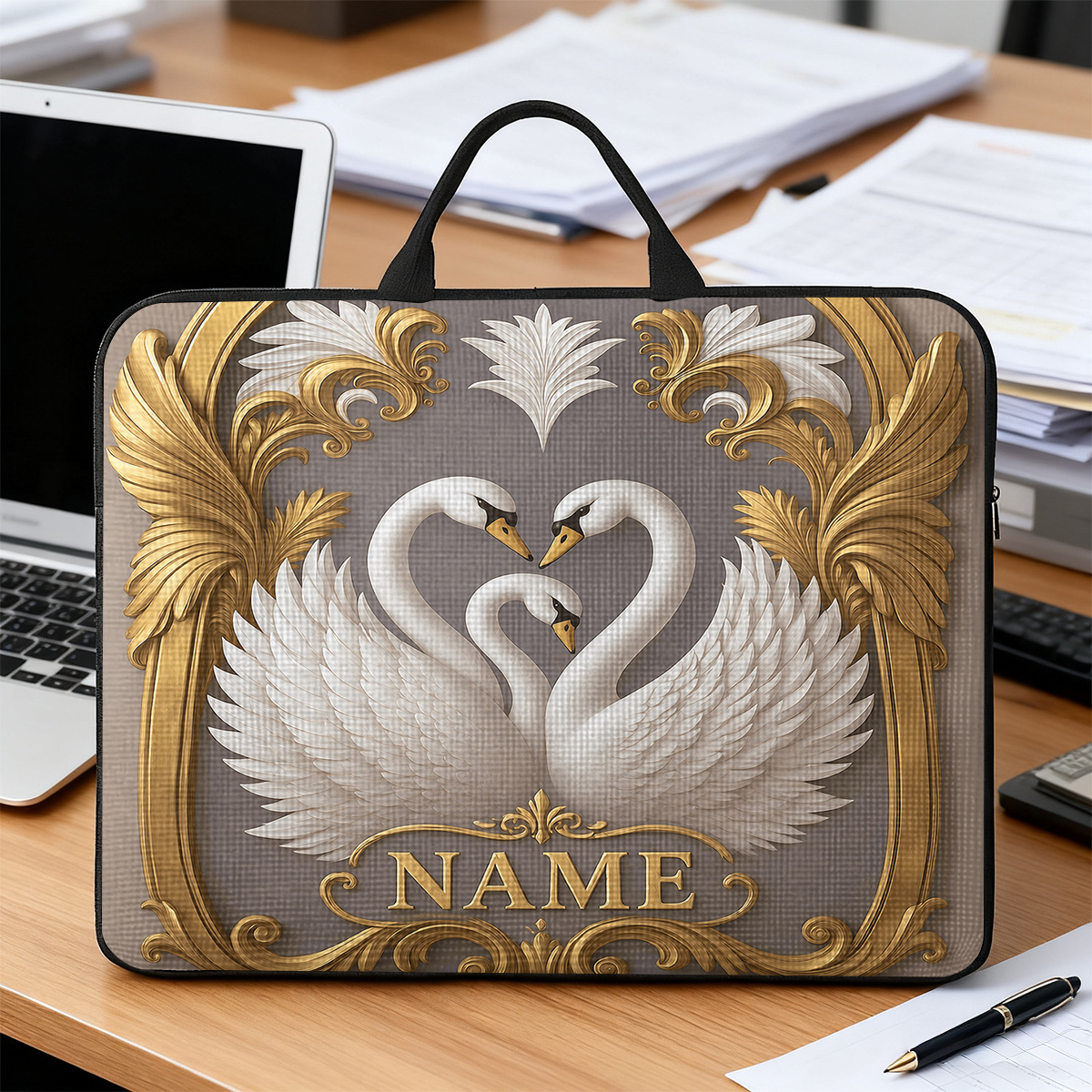 Customized Swan Frame Pattern Large Laptop Bag