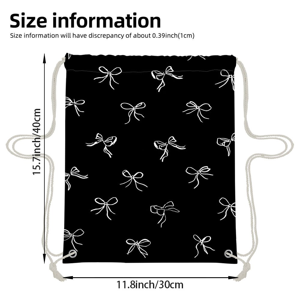 TEMU 2d Flat 1pc Durable Drawstring Bag With Elegant White Bows Print - Practical Drawstring Structure, Suitable For Hiking, Travel, Fitness And
