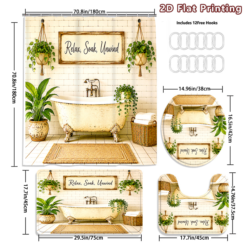 4pcs Farmhouse Green Plants Shower Curtain Set
