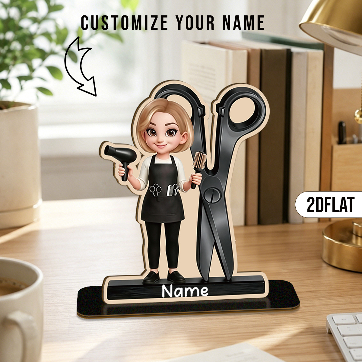 TEMU 2d Flat, 2d Flat 1pc Customizable Hairstylist Wooden Standee, Personalized Female Hairdresser Figurine With Giant Scissors, Hairdryer & Comb,