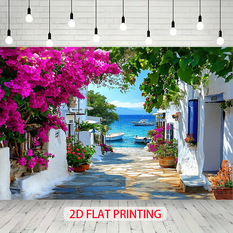 TEMU 2d Flat, 1pc Mediterranean Greek-themed Backdrop Suitable For Weddings, Birthdays & Showers - Pink Bougainvillea, White Walls & Boats Photo