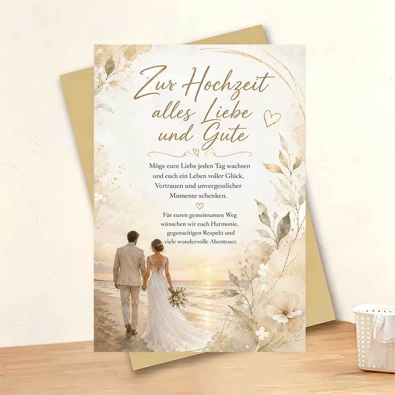 TEMU 1 Greeting Card + 1 Envelope. Elegant Wedding Card Featuring A Romantic Beach Couple With Floral And Golden Accents, Bearing " And ." Ideal For