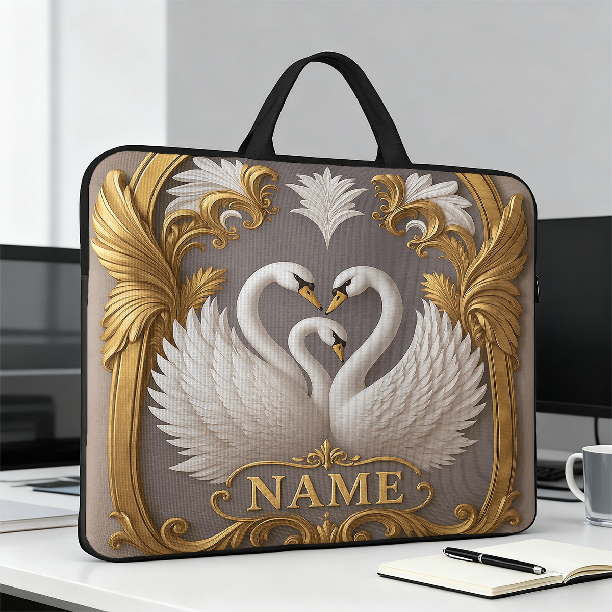 Customized Swan Frame Pattern Large Laptop Bag