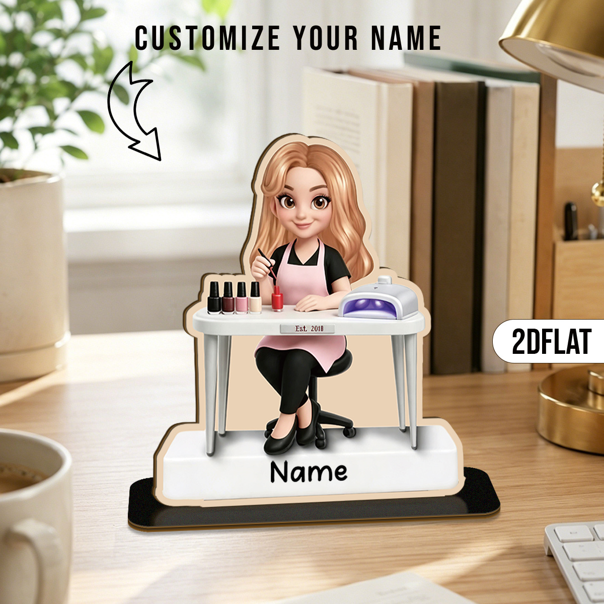 TEMU 2d Flat, 1pc Personalized Nail Technician Standee - Custom Name Engraved Manicurist Figurine With Nail Polish Bottles & Uv Lamp, Wood Desk Decor
