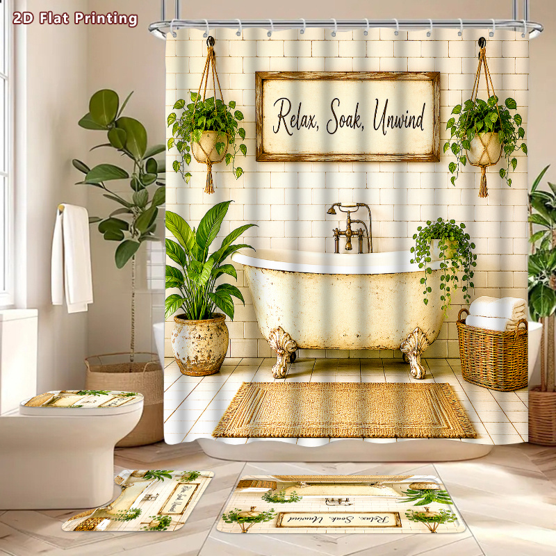 4pcs Farmhouse Green Plants Shower Curtain Set