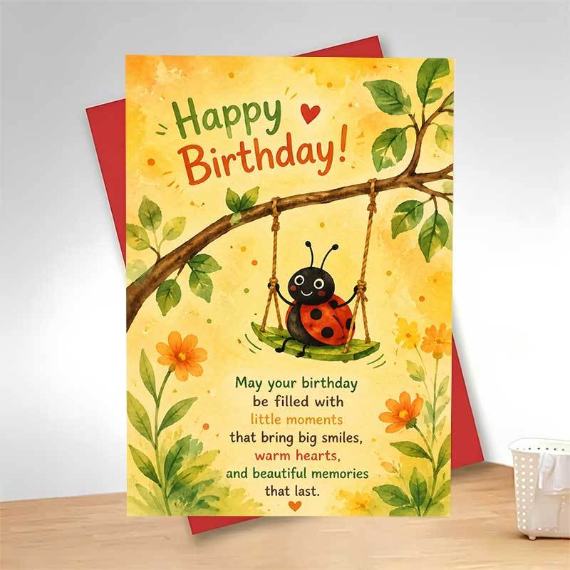 TEMU 1 Greeting Card + 1 Envelope Adorable Vibrant Birthday Greeting Card, Ladybug Swinging On A Branch With Text Happy Birthday And , Suitable For ,