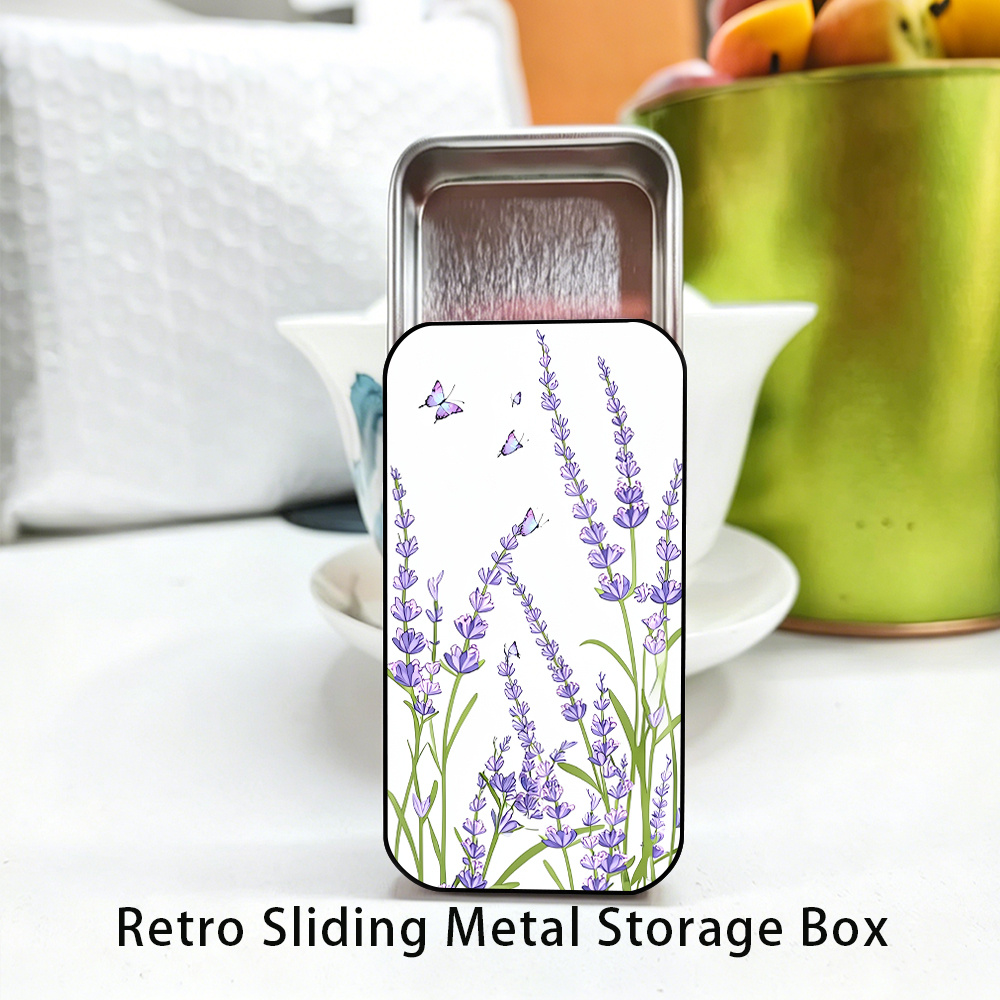 TEMU Retro Storage Box: A Multi-functional Sliding Iron Box Printed With Lavender Purple Abstract Floral Pattern, Portable Design, Great For Holiday