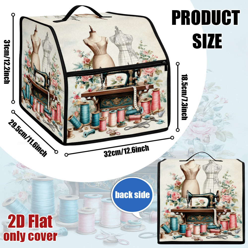 TEMU 1pc Vintage Sewing Machine Cover With Dress Forms & Sewing Machine Pattern, Storage Pockets & Top Handle Protector Suitable For Craft Room