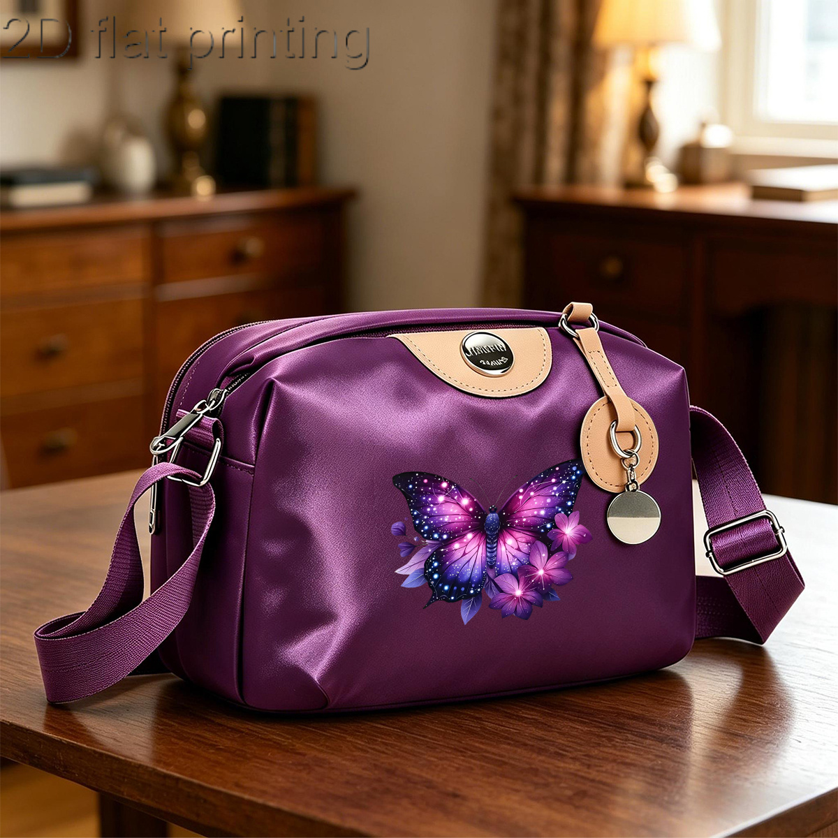 TEMU Sac à bandoulière pour femme, imprimé floral et papillon violet brillant, grande , en nylon, décontracté pour quotidiennes