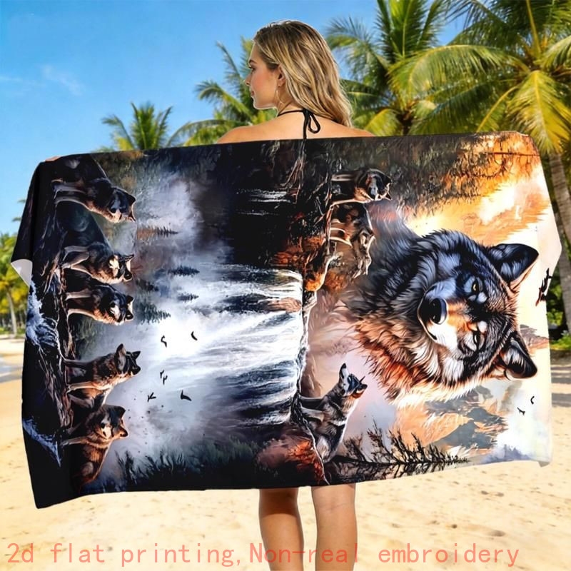 TEMU 2d Flat, 1pc Bohemian Wolf Oversized Microfiber Towel - Quick-dry Suitable For Pools, Gyms, Yoga, & Spa, Soft Absorbent Beach Towel With Wolf,