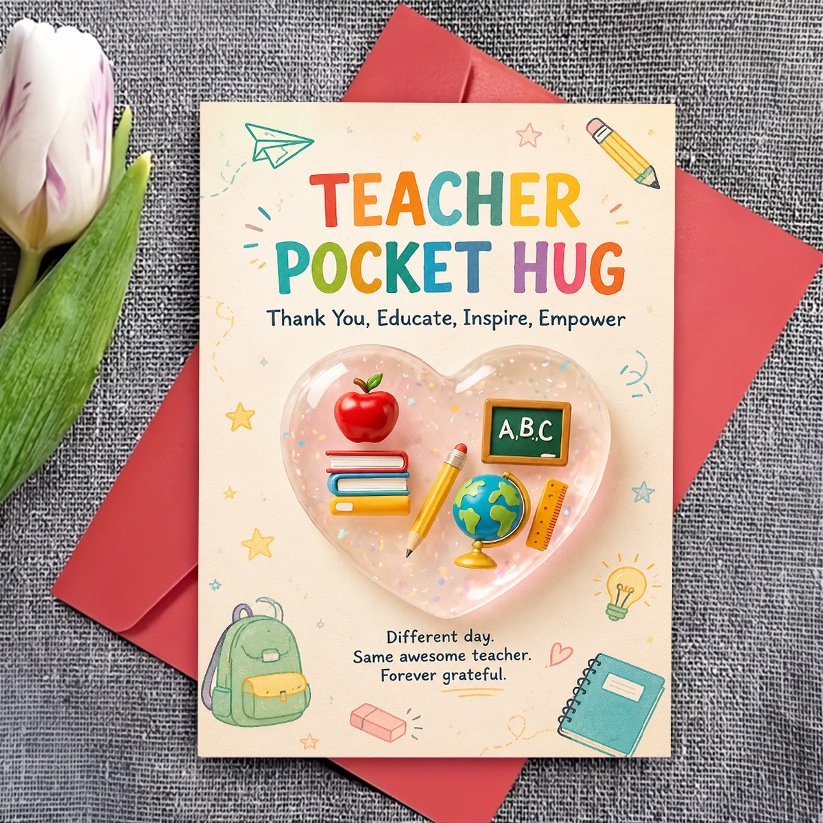 TEMU Ensemble - avec une enveloppe - Carte de vœux sur le thème de l'éducation avec pendentif en résine de cœur et fournitures scolaires pour la fête