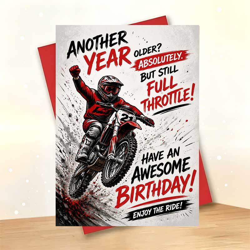 TEMU 1 Carte de Vœux + 1 Enveloppe Carte de Vœux d'Anniversaire Motocross Énergique, Représentant un Pilote sur une Moto Tout-Terrain avec le Texte