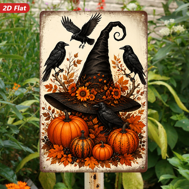 TEMU Panneau mural en métal 2D plat, 1 pièce, décoration d'intérieur sur le thème d'Halloween, chapeau de sorcière, citrouilles, corbeaux, convient