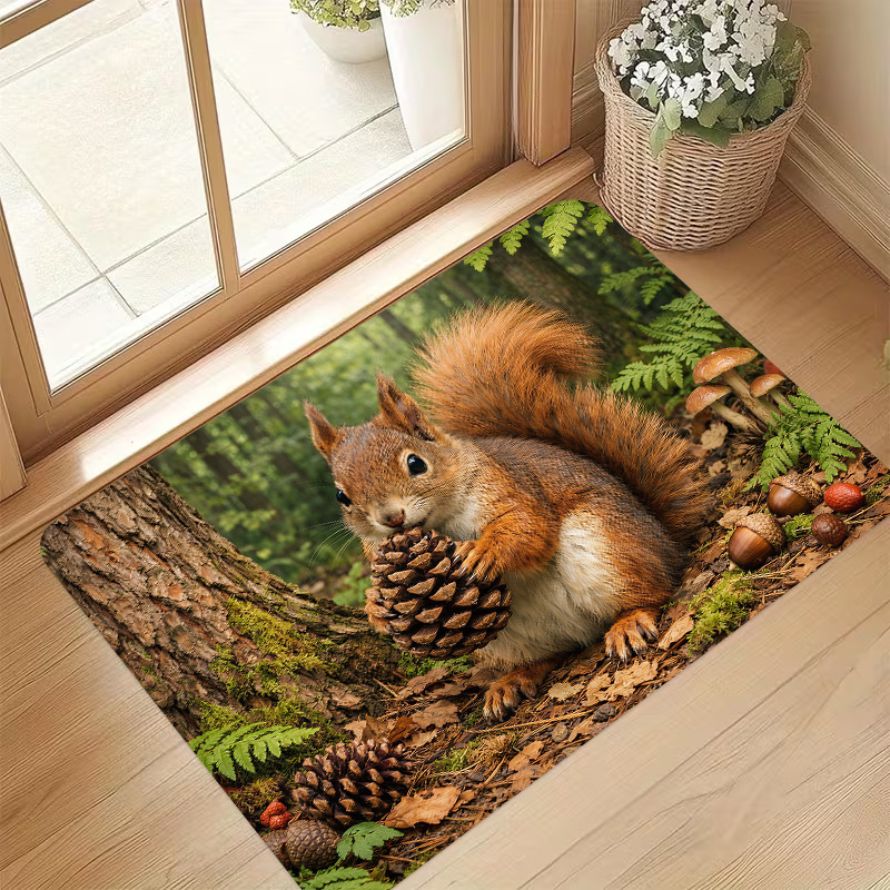 TEMU 1pc, 2d Flat Printing, Forest-style Red Squirrel In Entrance Doormat, Kitchen And Dining Room Decoration, Indoor And Outdoor Home Party
