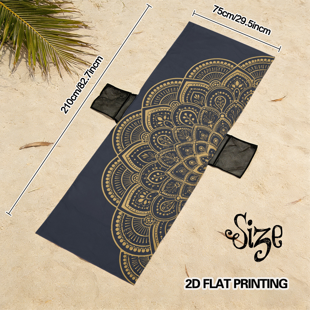 TEMU 2d Flat - 2d Flat, 1pc Golden Mandala Design Beach Chair Cover, Folds Into Backpack, As Beach Towel, Side Pockets For Phone & Glasses, For