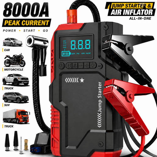 8000a car jump starter with 180psi air compressor 12v portable battery cordless tire inflator with emergency power bank for all gas 9 0l suv truck with led light window breaker