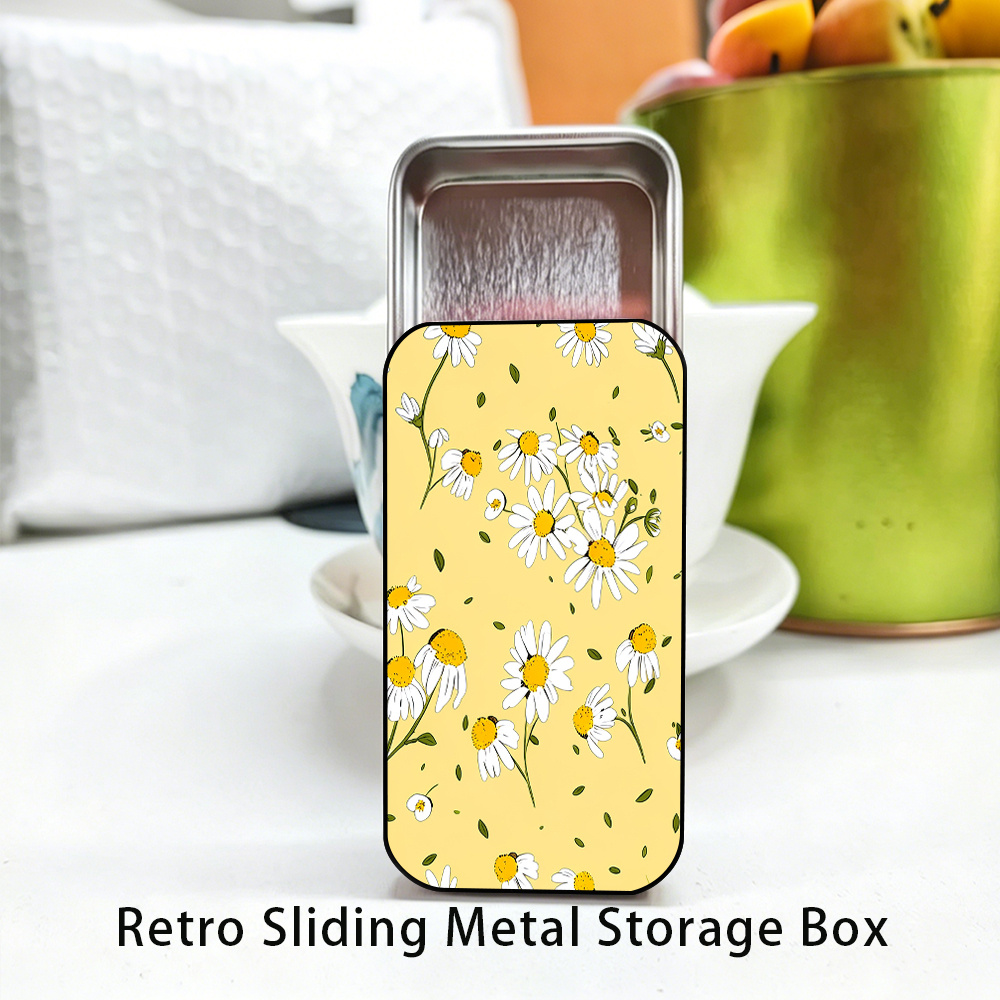 TEMU Retro Storage Box: A Multi-functional Sliding Iron Box Printed With Yellow And White Abstract Floral Pattern, Portable Design, Great For Holiday