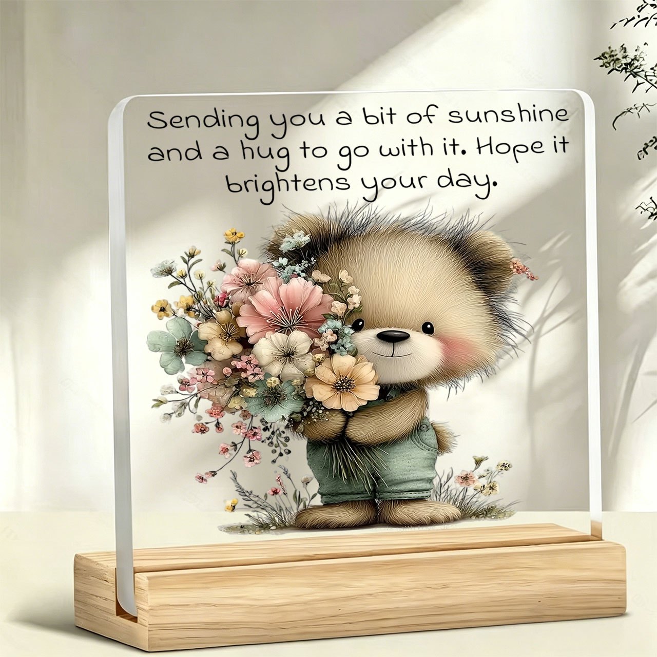 TEMU 2d Flat, 1pc Cartoon Bear Holding Bouquet + " Love" Slogan Decorative Plaque And Ornament, Acrylic Standee, Desktop Decoration, Office Desk And