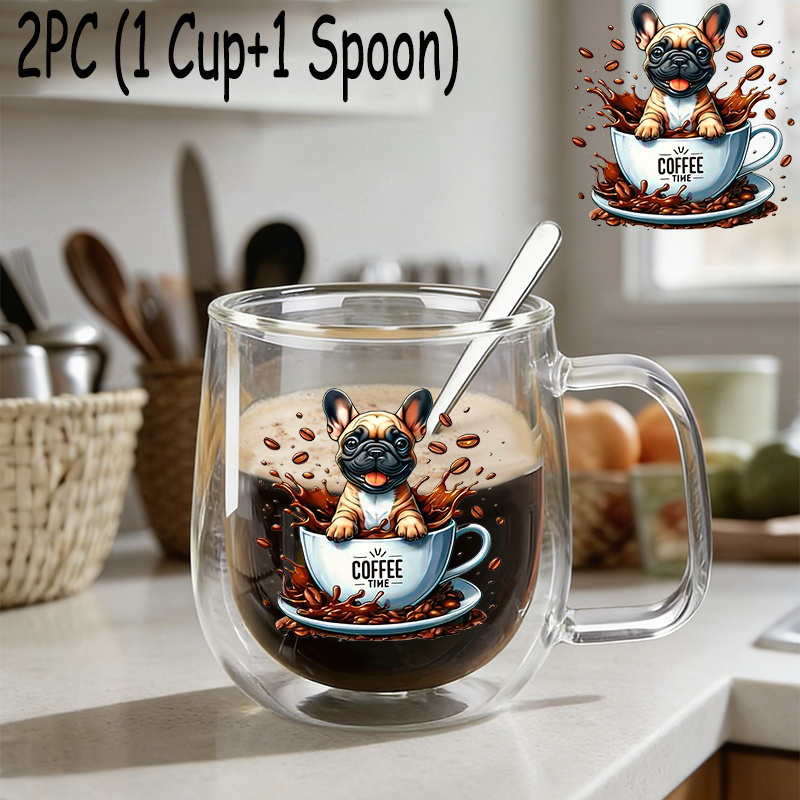 TEMU 2pcs (1 Glass Cup And 1 Spoon), Insulated Double-walled Borosilicate Reusable Water Cup With Handle, Large Capacity Clear Coffee Mug For Hot And