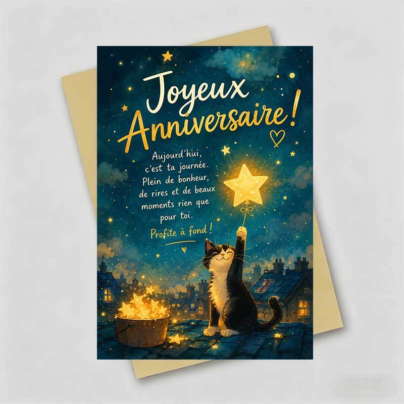 TEMU 1 Carte de vœux d'anniversaire enchanteur | Chat tenant une sur un toit sous étoilée avec français Anniversaire, parfait pour , d'anniversaire,