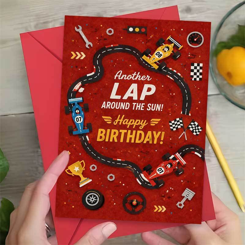 TEMU 1 Greeting Card + 1 Envelope. A 2d Flat Racing-themed Birthday Card Featuring Colorful Race Cars On A Track, With The Text "happy Birthday,