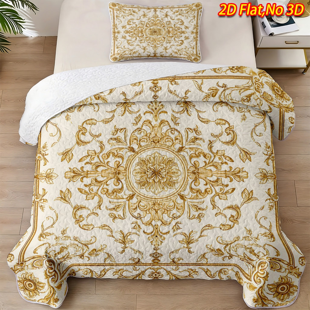 TEMU 2/3pcs 2d Flat New European Court Golden Pattern Bedspread Set 1*bedspread 1/2*pillowcase, No Filling), Breathable Cool Blanket, Suitable For