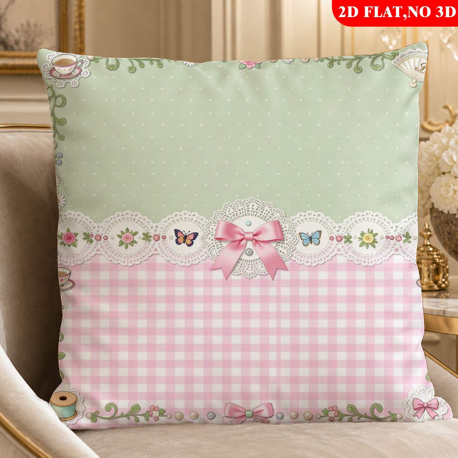 TEMU 2d Flat - 1pc Throw Pillow Cover (pillow Inserts Not Included), 2d Flat Print Vintage Shabby Chic Pastel Green Pink Polka Dot Gingham