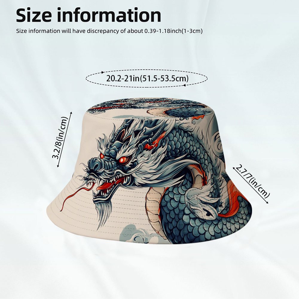 TEMU 2d Flat, 1pc Chinese Dragon Illustration Print Fisherman Bucket Hat, Fashionable Printed Fisherman Cap, Suitable For Tropical Vacations, Beach ,