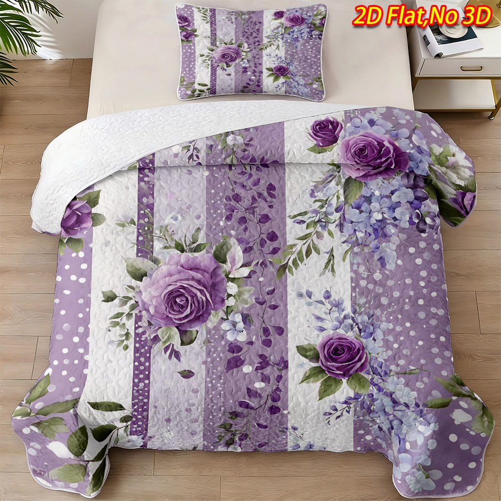 TEMU 2/3pcs 2d Flat New Purple Flower Vine Striped Theme Bedspread Set 1*bedspread 1/2*pillowcase, No Filling), Breathable Cool Blanket, Suitable For