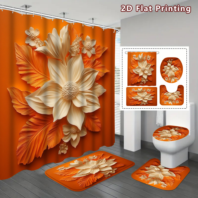 TEMU 2d Flat, 4pcs Modern Minimalist Floral Shower Curtain Bathroom Set With Bath Mat, U-shaped Toilet Cover & Lid Cover - Cream White Flower &