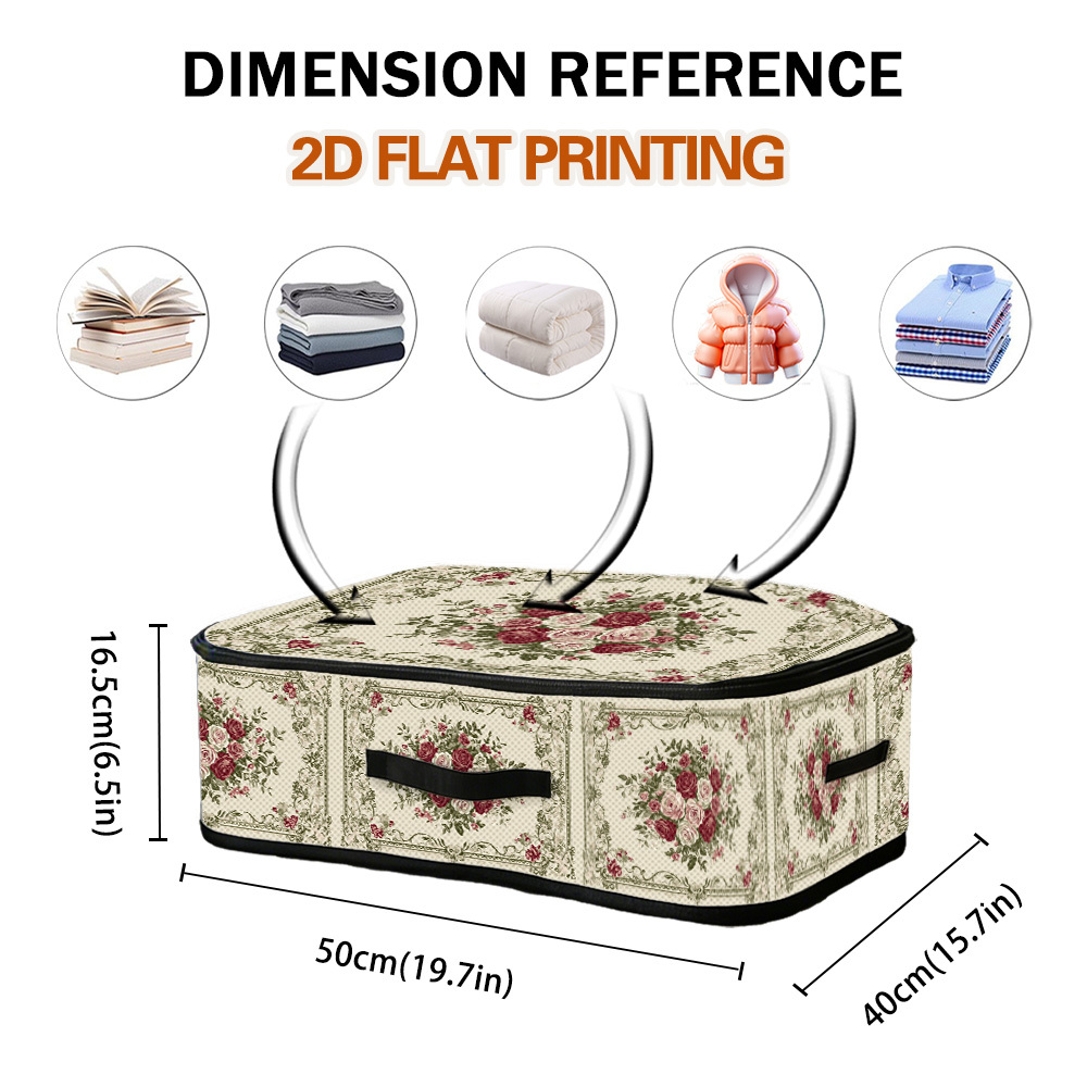 TEMU 2d Flat Printed, 1pc Elegant And Storage Box, Large Capacity Storage Box With Floral Vintage Frame Pattern, Store Quilts Under Bed, Daily Family