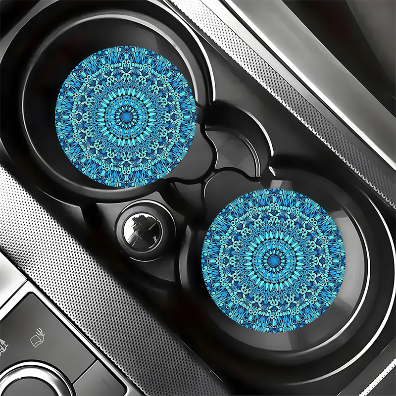 TEMU 2pcs Set Of Blue Mandala Printed Non-slip Car Coasters, Bohemian Style, Anti-slip Tray, Fashionable Design, Suitable For Car And , Coffee, Tea,