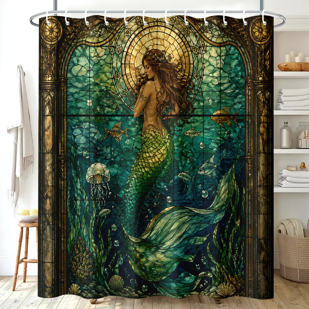 TEMU 2d Flat, 2d Curtain 1pc, Mermaid Stained Glass, Printed Shower Curtain With 12 Hooks, Polyester Material, Stylish Dressing Room Partition