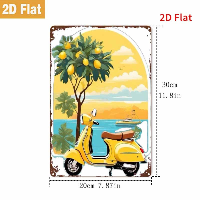 TEMU 2d Flat, 1pc Metal Sign, Bohemian Tree And Yellow Scooter Metal Tin Sign, 20*30cm/8*12inch, Nostalgic Wall Decoration, Suitable For , Kitchen,