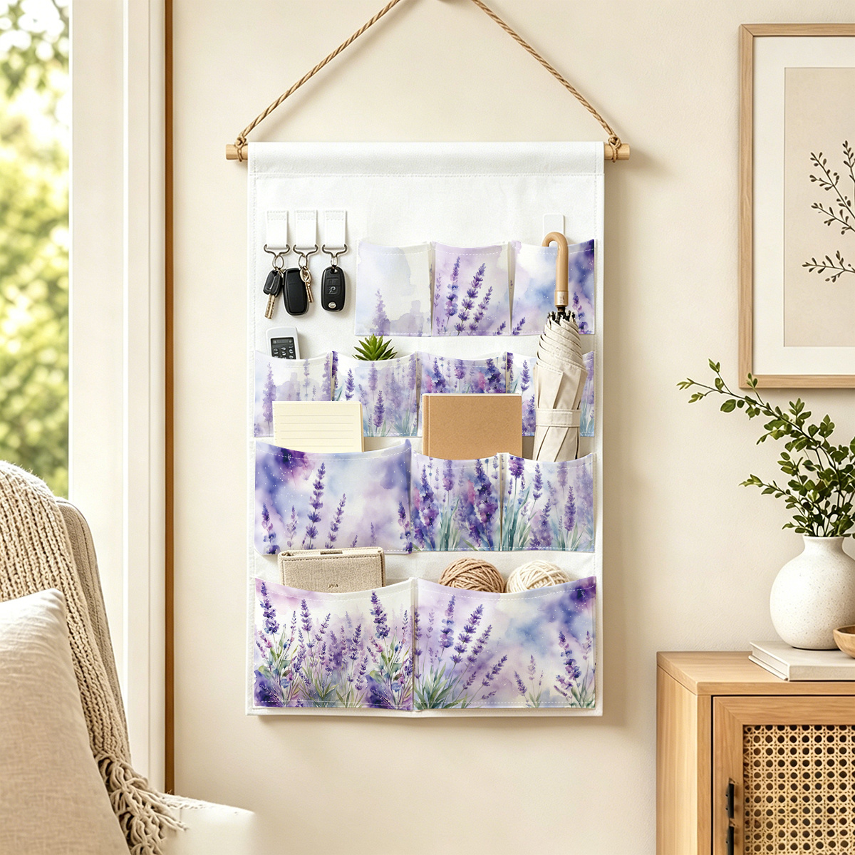 TEMU 1pc/fabric Hanging Storage Bag, Spring Floral Print Theme, Suitable For Behind Doors, Walls, And Hooks. 12 Pockets For Storing Small Items And 3