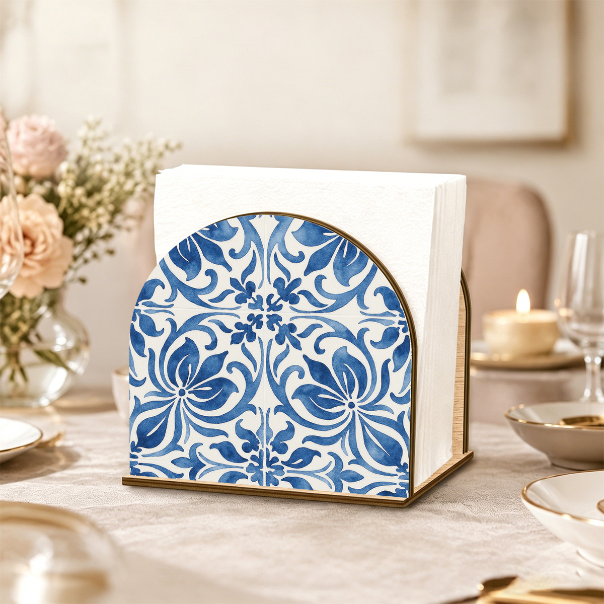 TEMU 1 Blue And White Moroccan Tile-printed Wooden Napkin Holder, Watercolor Floral Pattern Napkin Dispenser, Mediterranean-style Decorative Cocktail