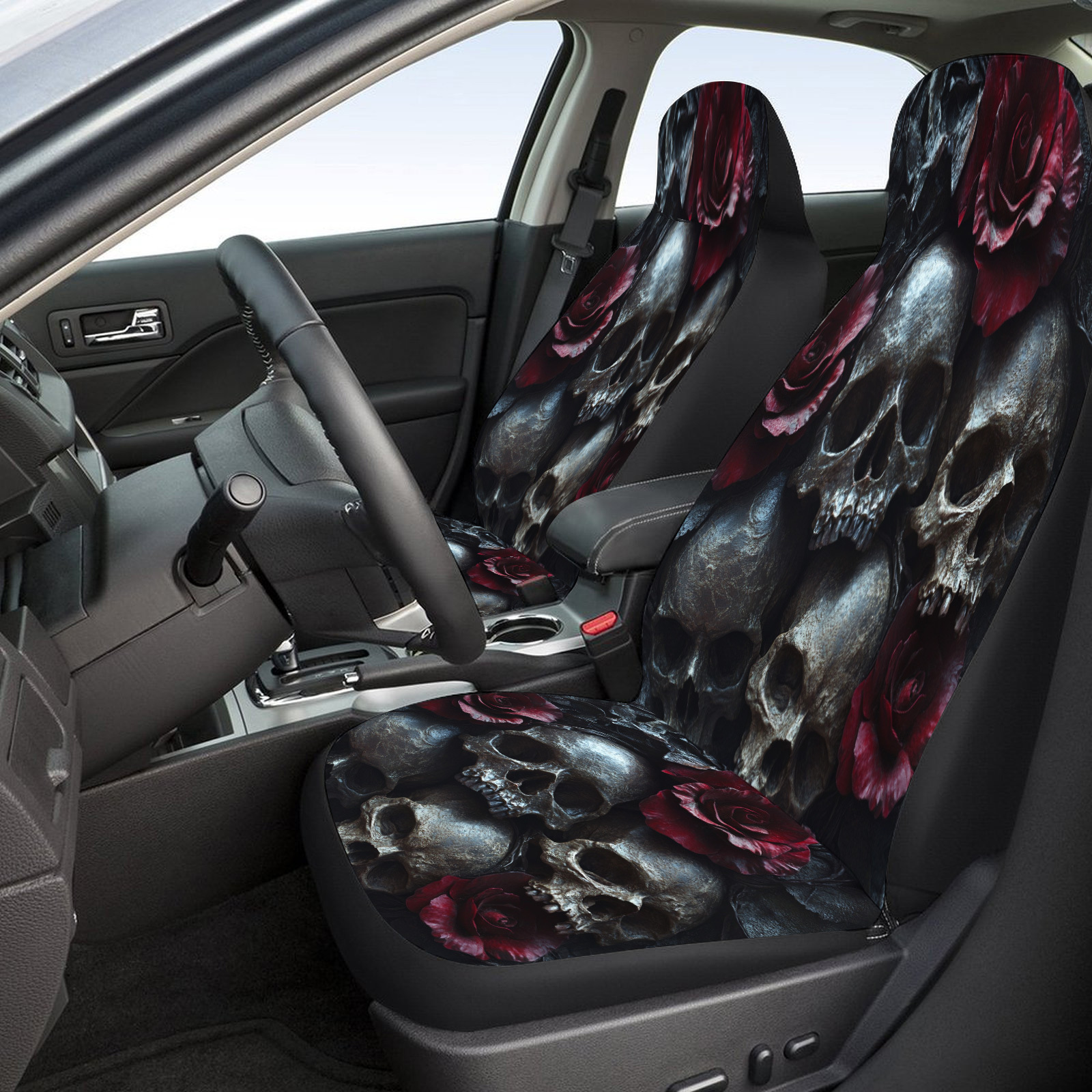 autostoelhoezenset met doodshoofden en rozen-thema voor de meeste autos en vrachtwagens, trendy ademende autostoelbeschermhoezen volledige set, universele autostoelhoezen voor 2 voorstoelen en achterbank voor mannen en vrouwen cadeau
