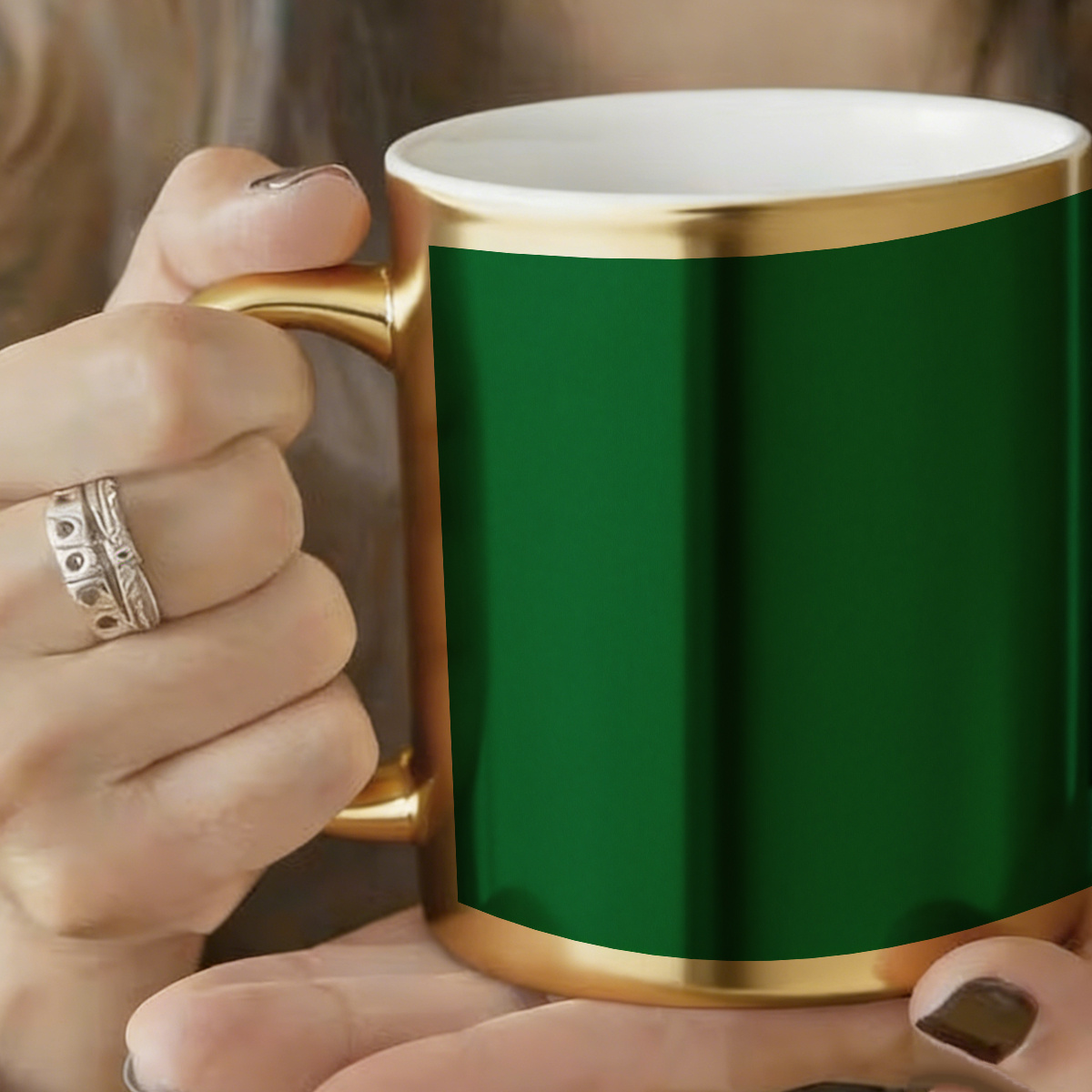 1pc, Solid Background Cute Durable Golden Mug, 11oz Printed Durable Ceramic, Suitable For Birthday Gift, Anniversary Gift, Cold And Hot Dual Drink, Juice, Milk, Drinkware, Holiday Gift