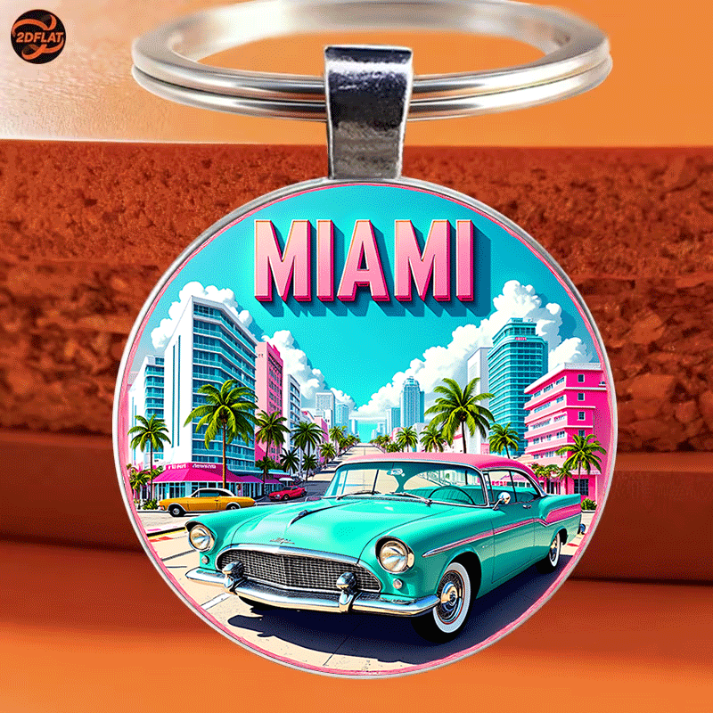 TEMU 1 Round Keychain, Retro Themed Keychain, Vibrant Cityscape And Vintage Car Patterns, "miami" Letter Design, Suitable For Car Keys, Backpacks And
