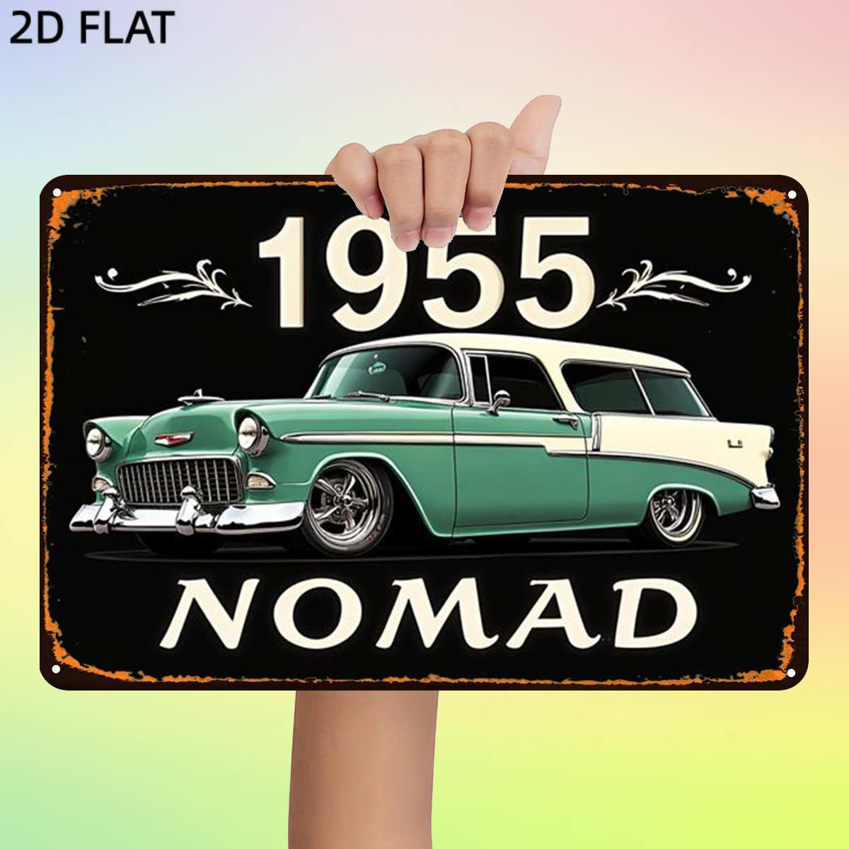 TEMU 2d Flat, 1pc, Retro 1955 Classic Car Poster Metal Iron Sign, Pre-drilled Holes, Wall Art Decor For Home Room Deck Porch