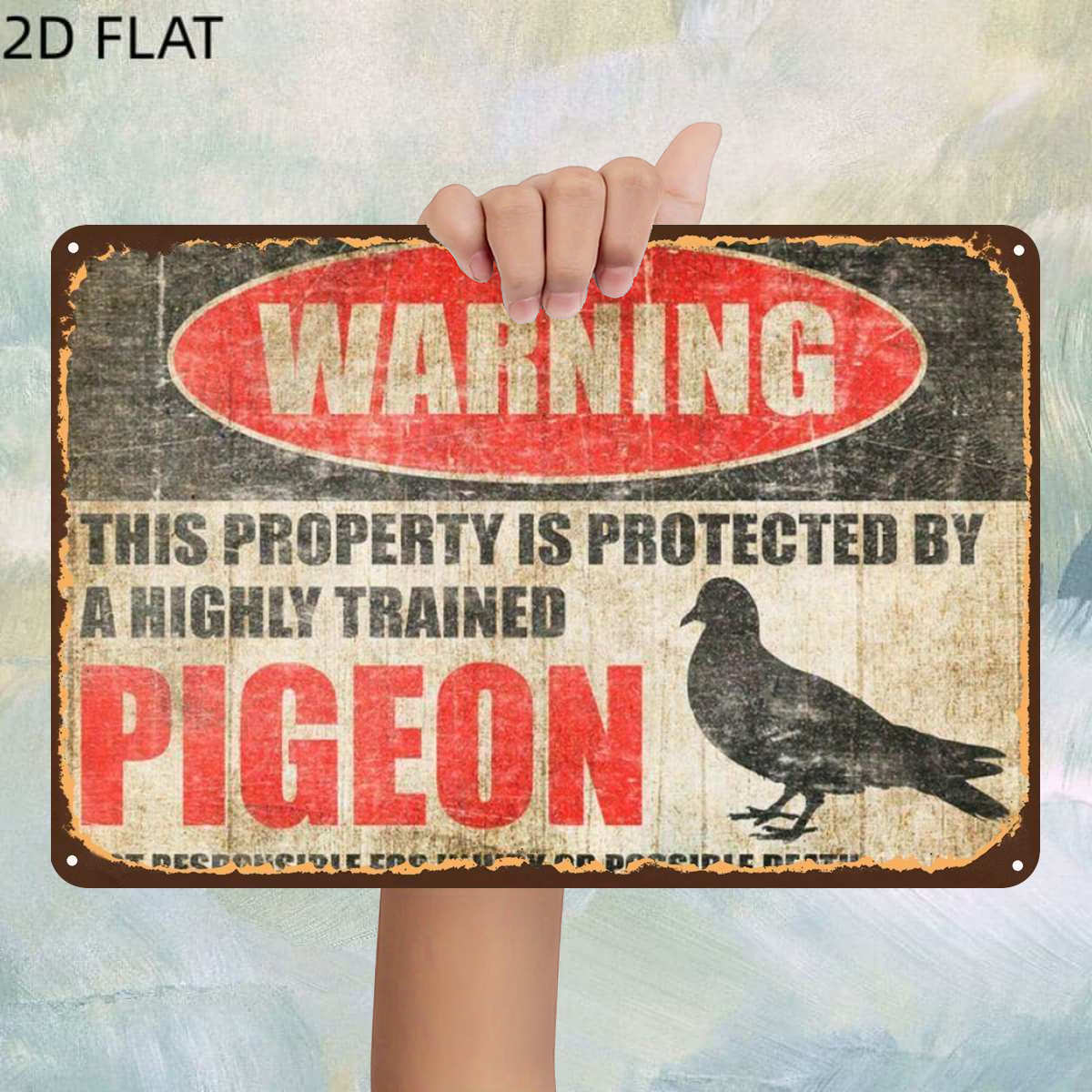 TEMU 2d Flat, 1pc, Vintage"warning: This Property Is Protected By A Pigeon" Metal Iron Sign, Pre-drilled Holes, Kitchen, And Office Wall Decoration,
